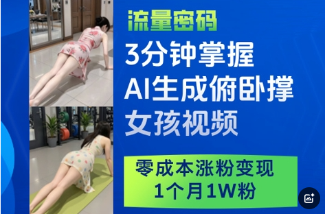 3分钟掌握AI生成俯卧撑女孩视频，零成本涨粉变现，1个月1W粉