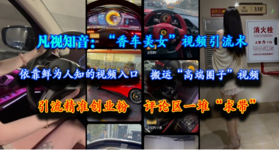 凡视知音：“香车美女”视频引流术，依靠鲜为人知的视频入口，搬运“高端圈子”视频，引流精准创业粉，评论区一堆“求带”