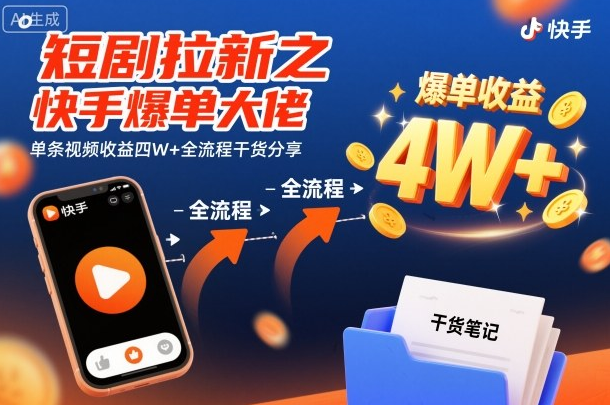 短剧拉新之快手爆单大佬单条视频收益四W+全流程干货分享