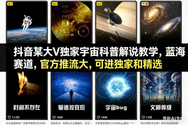 抖音某大V独家宇宙科普解说教学，蓝海赛道，官方推流大，可进独家和精选