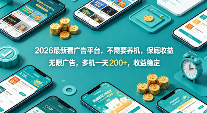 2026最新看广告平台，不需要养机，保底收益，无限广告，多机一天200+，收益稳定【揭秘】