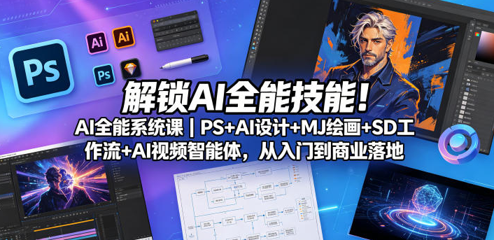 图片[1]-解锁AI全能技能！AI全能系统课｜PS+AI设计+MJ绘画+SD工作流+AI视频智能体，从入门到商业落地
