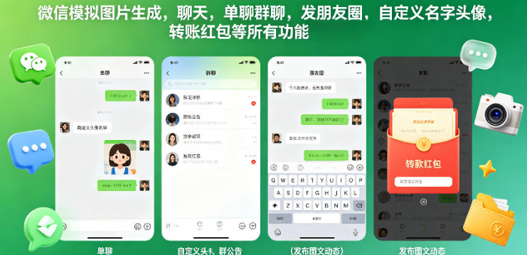 微信模拟图片生成,聊天,单聊群聊,发朋友圈,自定义名字头像,转账红包等所有功能都可以生成-创业屋 - 分享优质创业项目、互联网项目资源、网赚项目