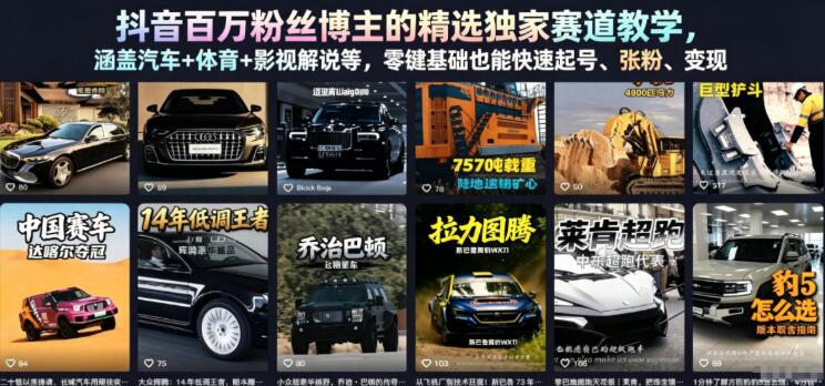图片[1]-抖音百万粉丝博主的精选独家赛道教学，涵盖汽车+体育+影视解说等，零基础也能快速起号、涨粉、变现