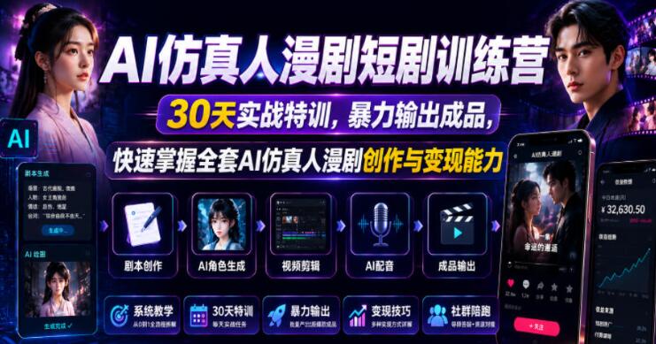 AI仿真人漫剧短剧训练营,30天实战特训,暴力输出成品,快速掌握全套AI仿真人漫剧创作与变现能力-创业屋 - 分享优质创业项目、互联网项目资源、网赚项目