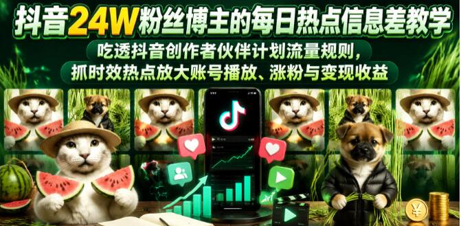 抖音24W粉丝博主的每日热点信息差教学,吃透创作者伙伴计划流量规则,抓时效热点放大账号播放、涨粉与变现收益-创业屋 - 分享优质创业项目、互联网项目资源、网赚项目