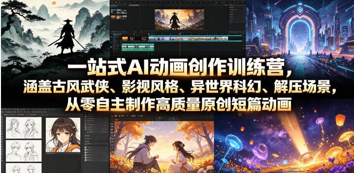 一站式AI动画创作训练营，涵盖古风武侠、影视风格、异世界科幻、解压场景，从零自主制作高质量原创短篇动画