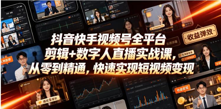 抖音快手视频号全平台剪辑+数字人直播实战课，从零到精通，快速实现短视频变现(更新2026年6月)​