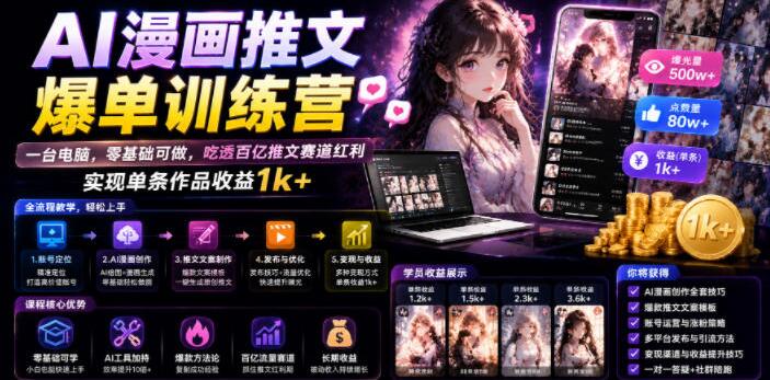 AI漫画推文爆单训练营，一台电脑，零基础可做，吃透百亿推文赛道红利，实现单条作品收益1k+