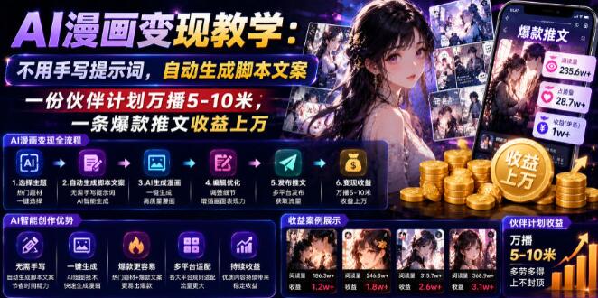 AI漫画变现教学：不用手写提示词，自动生成脚本文案，一份伙伴计划万播5-10米，一条爆款推文收益上W
