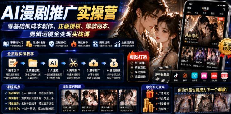 AI漫剧推广实操营｜零基础低成本制作、正版授权、爆款剧本、剪辑运镜全变现实战课