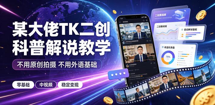 某大佬TK二创科普解说教学，不用原创拍摄不用外语基础，零基础做TikTok中视频稳定变现