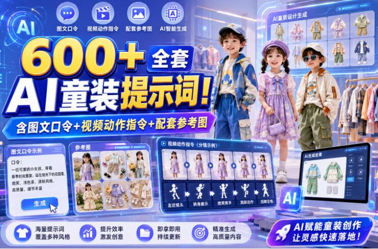 600+全套AI童装提示词！含图文口令+视频动作指令+配套参考图，Word-Excel规整分类，童装电商、种草无脑量产内容！