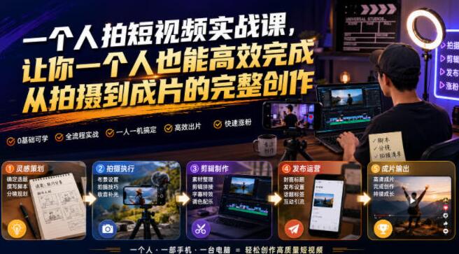 一个人拍短视频实战课，让你一个人也能高效完成从拍摄到成片的完整创作