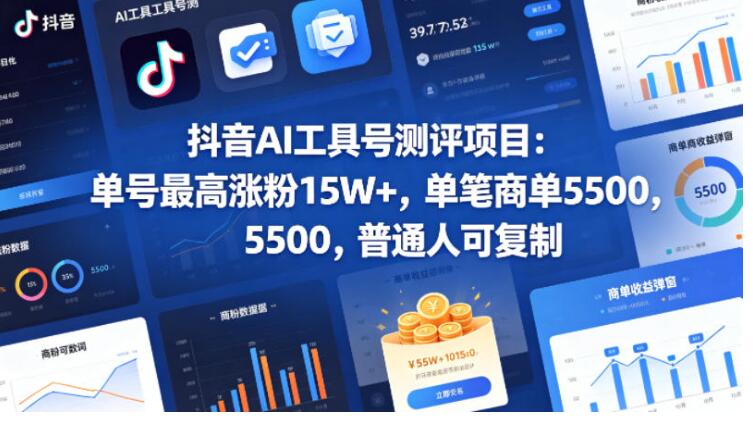 抖音AI工具号测评项目（1-2期），单号最高涨粉15W+，单笔商单5.5k，也可进伙伴计划，普通人可复制（更新7月）