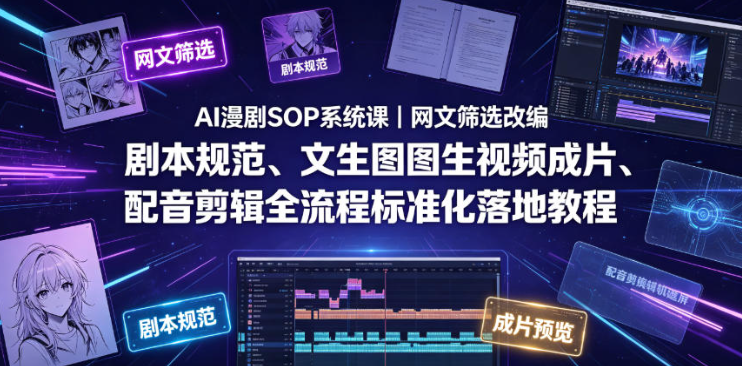 AI漫剧SOP系统课｜网文筛选改编、剧本规范、文生图图生视频成片、配音剪辑全流程标准化落地教程（更新）