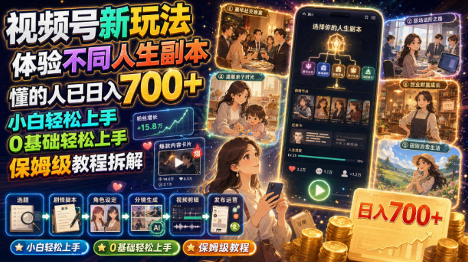 视频号新玩法体验不同人生副本，懂的人已日入700+，小白轻松上手，0基础轻松上手，保姆级教程拆解