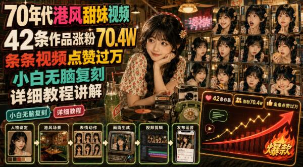 70年代港风甜妹视频，42条作品涨粉70.4W，条条视频点赞过万，小白无脑复刻，详细教程讲解
