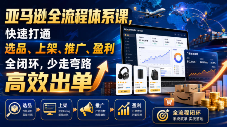 亚马逊全流程体系课,快速打通选品、上架、推广、盈利全闭环,少走弯路高效出单