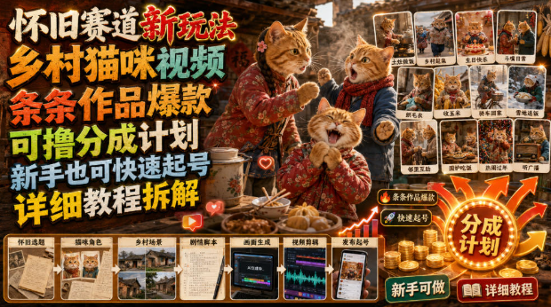 怀旧赛道新玩法,乡村猫咪视频,条条作品爆款,可撸分成计划,新手也可快速起号,详细教程拆解