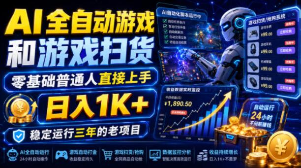 AI全自动游戏和游戏扫货，零基础普通人直接上手，日入1K+，稳定运行三年的老项目【揭秘】