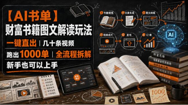 【AI书单】财富书籍图文解读玩法，一键直出，几十条视频，跑出1000单，全流程拆解，新手也可以上手