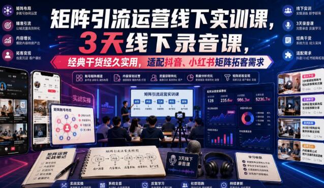 嗨推矩阵引流运营线下实训课，3天线下录音课，经典干货经久实用，适配抖音、小红书矩阵拓客需求
