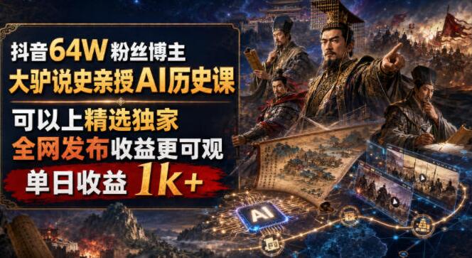 抖音64W粉丝博主大驴说史亲授AI历史课，可以上精选独家，全网发布收益更可观，单日收益1k+