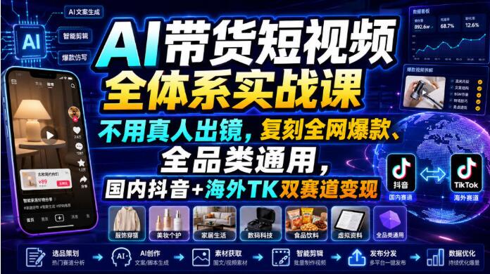 AI带货短视频全体系实战课，不用真人出镜，复刻全网爆款、全品类通用，国内抖音+海外TK双赛道变现