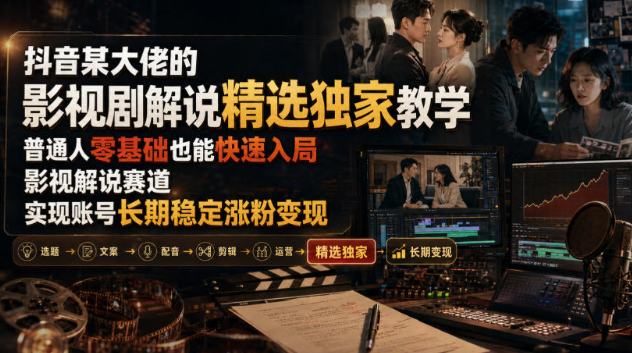 抖音某大佬的影视剧解说精选独家教学，普通人零基础也能快速入局影视解说赛道，实现账号长期稳定变现