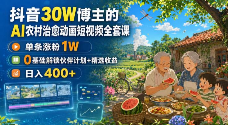 抖音30W博主的AI农村治愈动画短视频全套课｜单条涨粉1W，0基础解锁伙伴计划+精选收益，日入400+