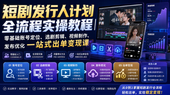 短剧发行人计划全流程实操教程｜零基础账号定位、选剧剪辑、视频制作、发布优化一站式出单变现课​
