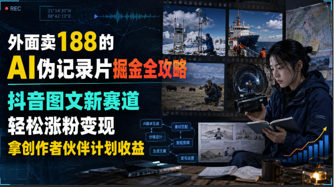 外面卖188的AI伪记录片掘金全攻略，抖音图文新赛道，轻松涨粉变现，拿创作者伙伴计划收益【文档】