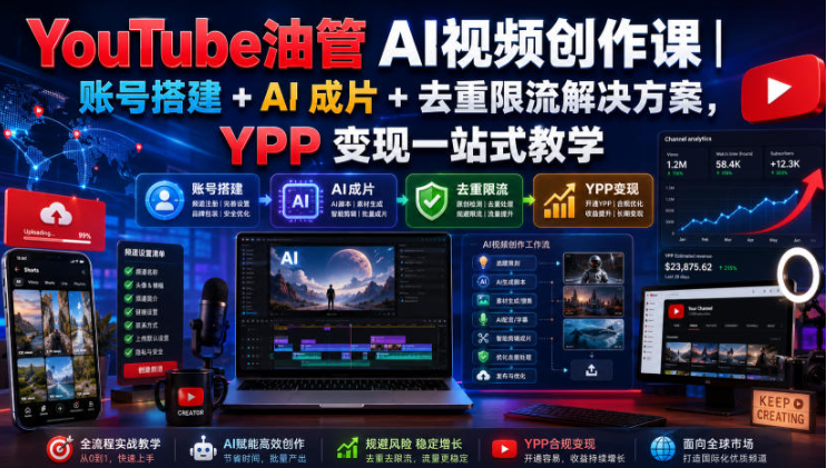 YouTube油管AI视频创作课｜账号搭建+AI成片+去重限流解决方案，YPP变现一站式教学（更新0809）