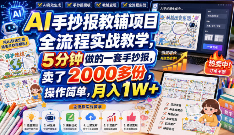 AI手抄报教辅项目全流程实战教学，5分钟做的一套手抄报，卖了2000多份，操作简单，月入1W+