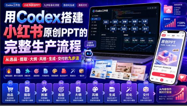 用Codex搭建小红书原创PPT的完整生产流程，从选品·提取·大纲·风格·生成·交付的九步法