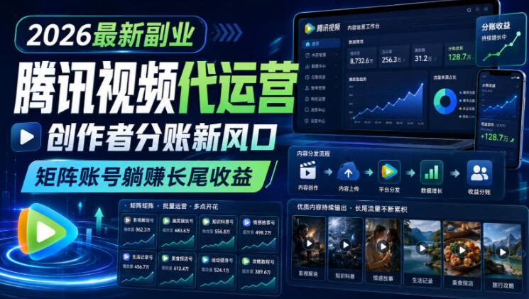 2026最新副业之腾讯视频代运营：创作者分账新风口，矩阵账号躺賺长尾收益【揭秘】