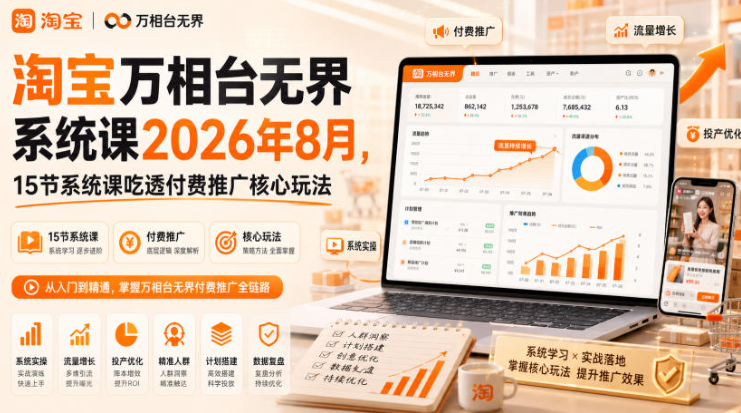 淘宝万相台无界系统课2026年8月，15节系统课吃透付费推广核心玩法