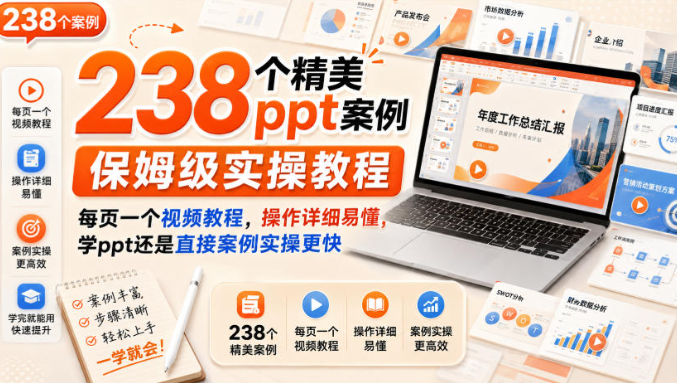 238个精美ppt案例保姆级实操教程，每页一个视频教程，操作详细易懂，学ppt还是直接案例实操更快