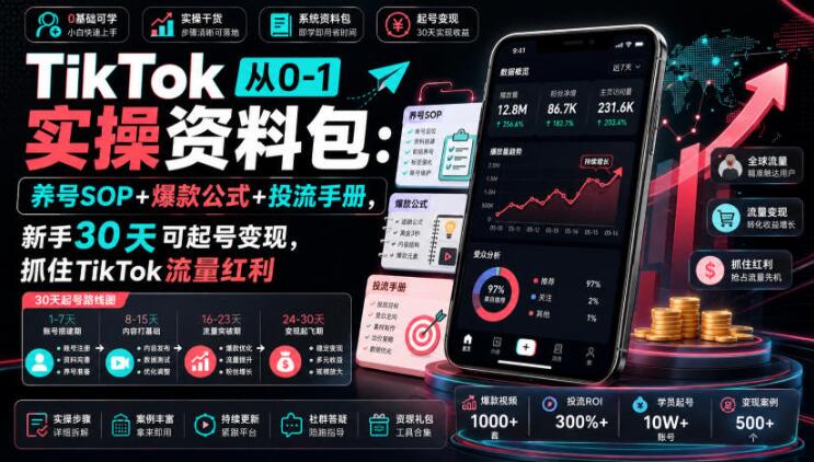 TikTok从0-1实操资料包：养号SOP+爆款公式+投流手册，新手30天可起号变现，抓住TikTok流量红利