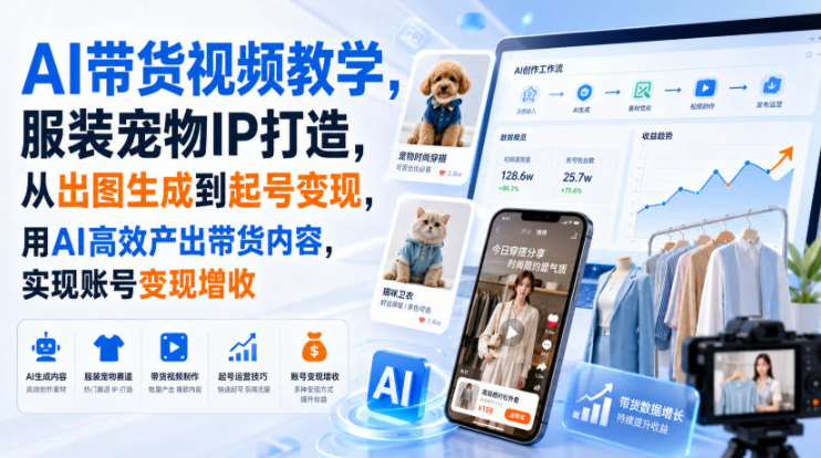 AI带货视频教学，服装宠物IP打造，从出图生成到起号变现，用AI高效产出带货内容，实现账号变现增收
