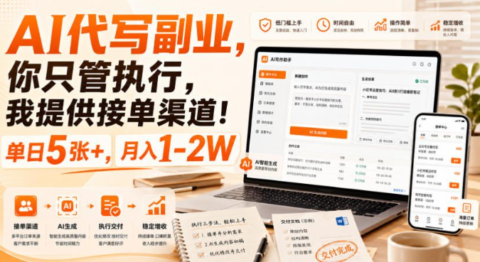 AI代写副业，你只管执行，我提供接单渠道！单日5张+，月入1-2W【揭秘】