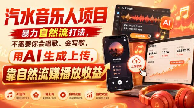 汽水音乐人项目，暴力自然流打法，不需要你会唱歌、会写歌，用AI生成上传，靠自然流賺播放收益
