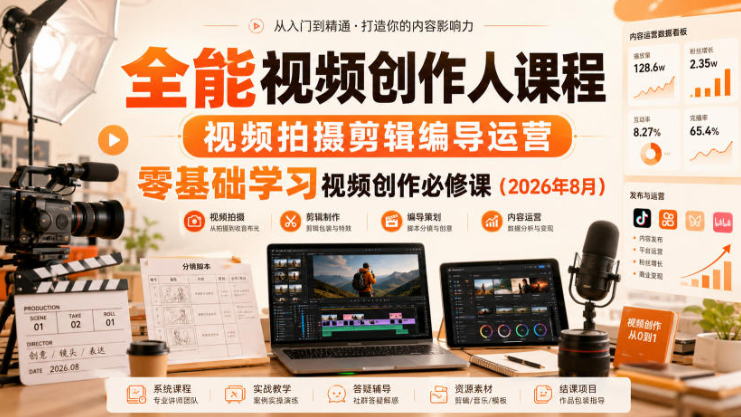 全能视频创作人课程，视频拍摄剪辑编导运营，零基础学习视频创作必修课（2026年8月）