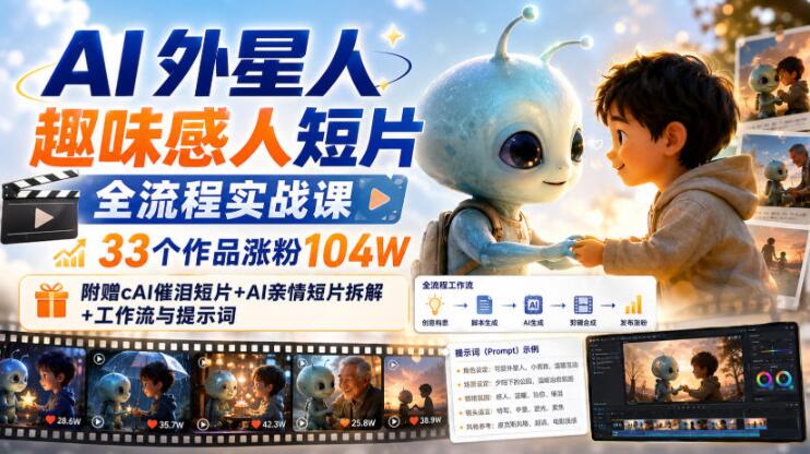 AI外星人趣味感人短片全流程实战课，33个作品涨粉104W，附赠AI催泪短片+AI亲情短片拆解+工作流与提示词