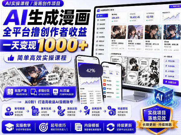 AI生成漫画全平台撸创作者收益内部课程，实操最高单日变现1k+