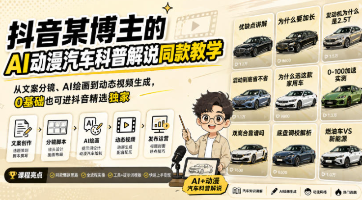 抖音某博主的AI动漫汽车科普解说同款教学，从文案分镜、AI绘画到动态视频生成，0基础解锁抖音精选独家收益