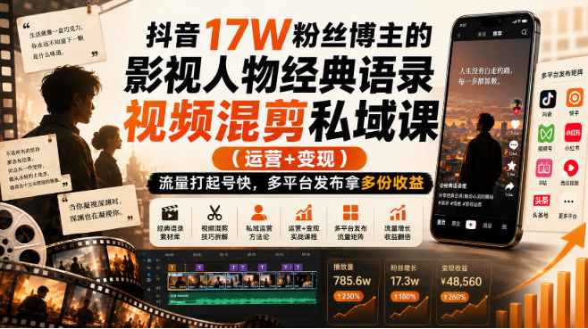 抖音17W粉丝博主的影视人物经典语录视频混剪私域课（运营+变现)，流量大起号快，多平台发布拿多份收益