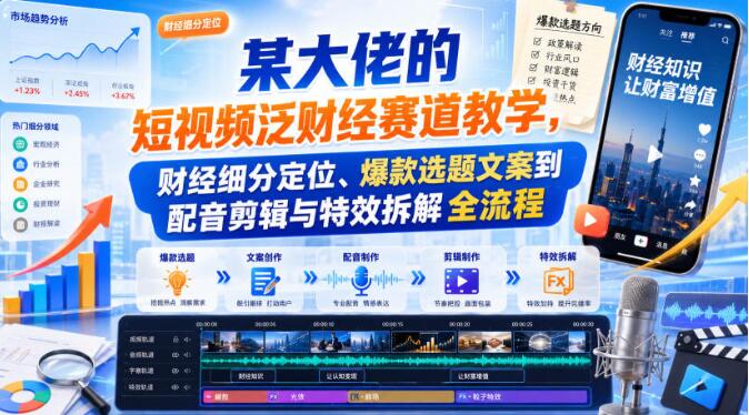 某大佬的短视频泛财经赛道教学，财经细分定位、爆款选题文案到配音剪辑与特效拆解全流程