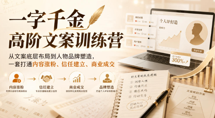 一字千金高阶文案训练营，从文案底层布局到人物品牌塑造，一套打通内容涨粉、信任建立、商业成交